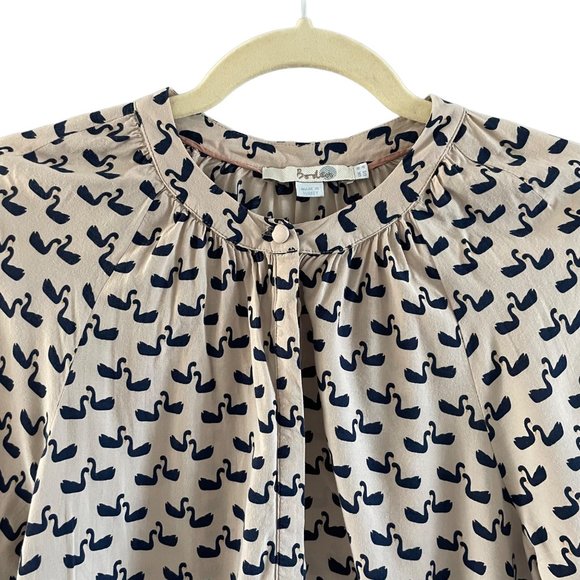 Boden Paris Cream Blue Swan Long Sleeve Crew Neck Button Down Top Blouse 4 - Picture 2 of 8